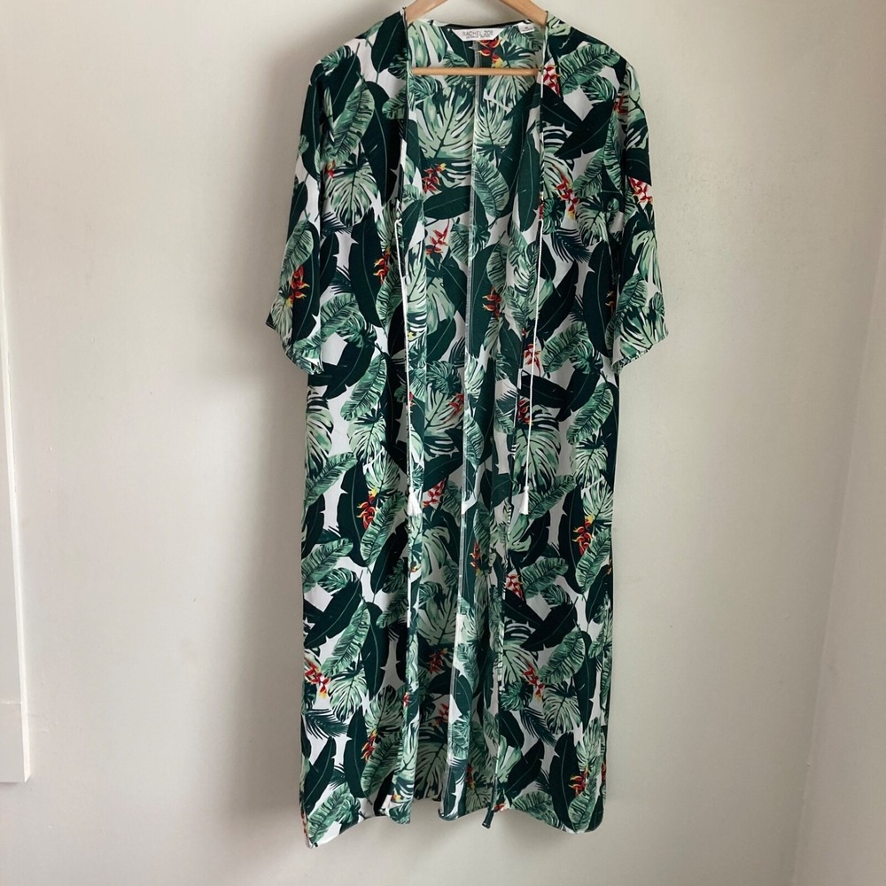 Rachel Zoe Tropical Palm Leaf Duster Kimono Green White Tassel Tie OS